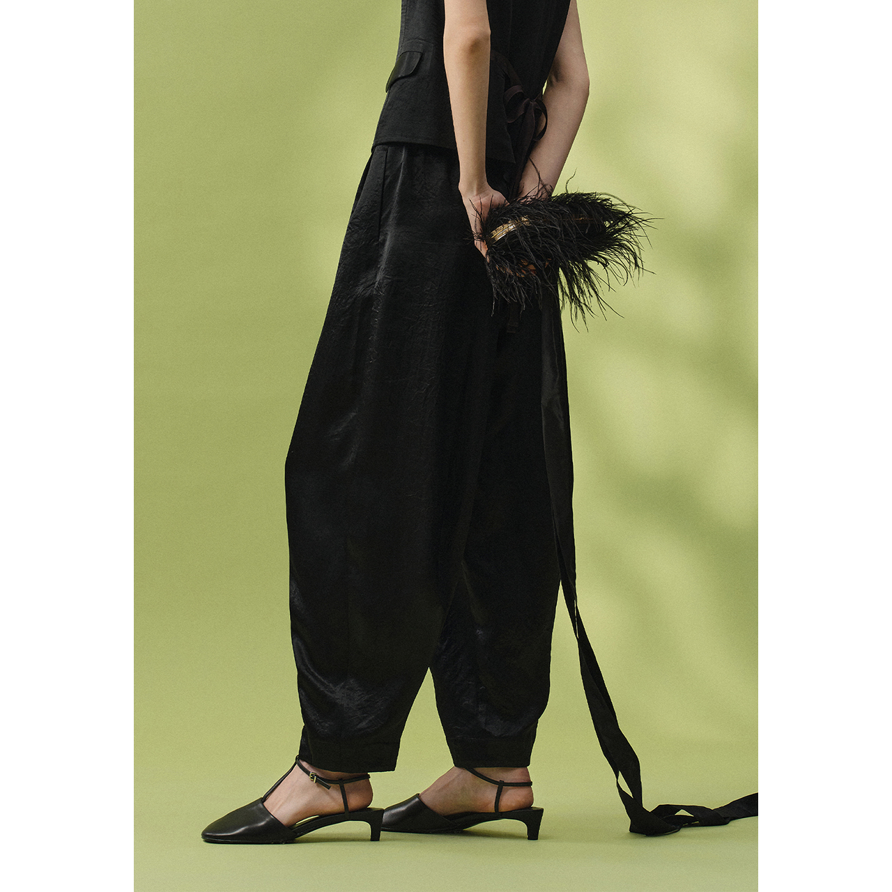 EIN/言静奢老钱风文艺复古光泽感休闲倒褶香蕉型长裤子25夏季款