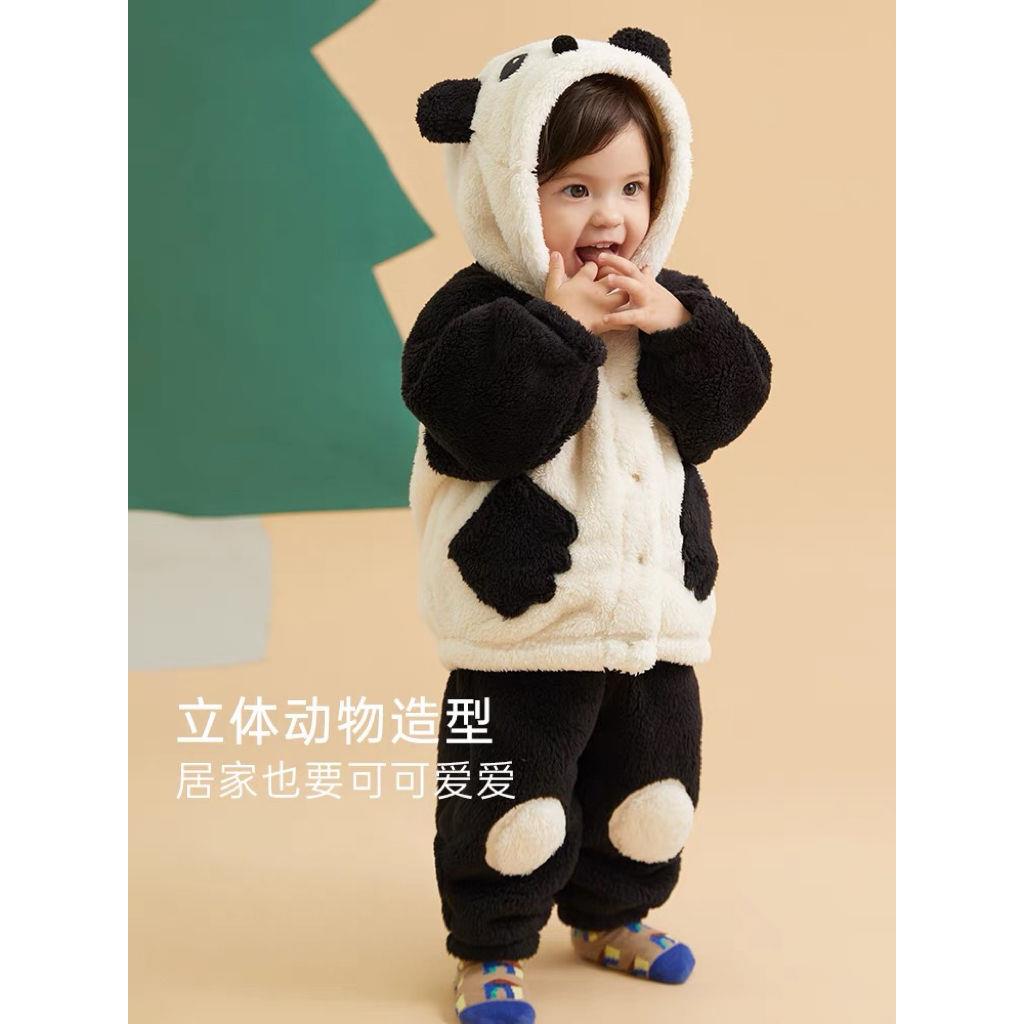 2023新款冬季儿童宝宝熊猫家居服套装男女童时髦保暖厚款加绒睡衣