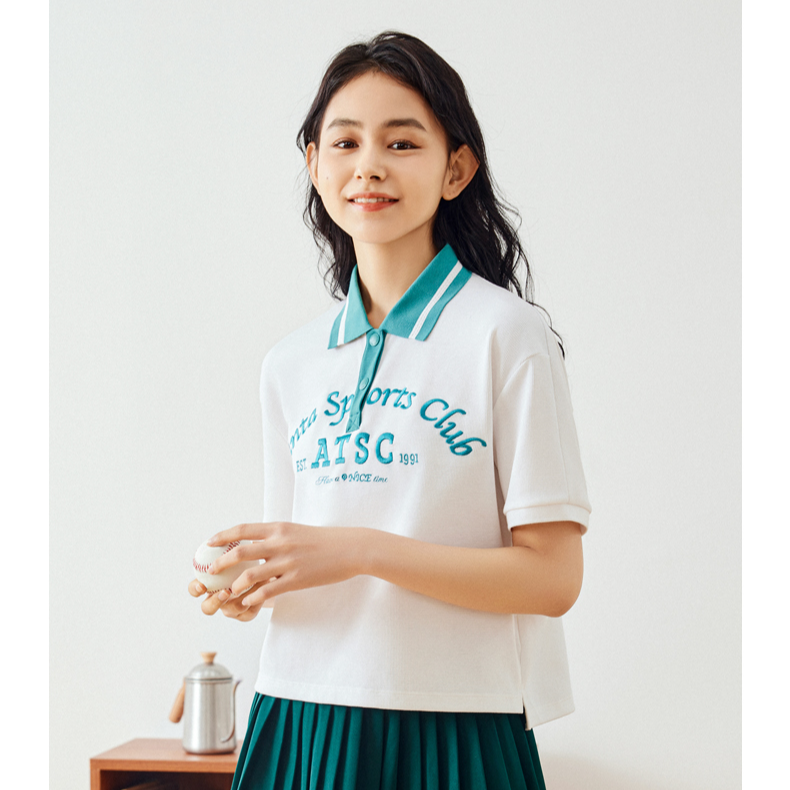 安踏复古美式短袖POLO衫女宽松学院风百搭休闲t恤套头衫162428105