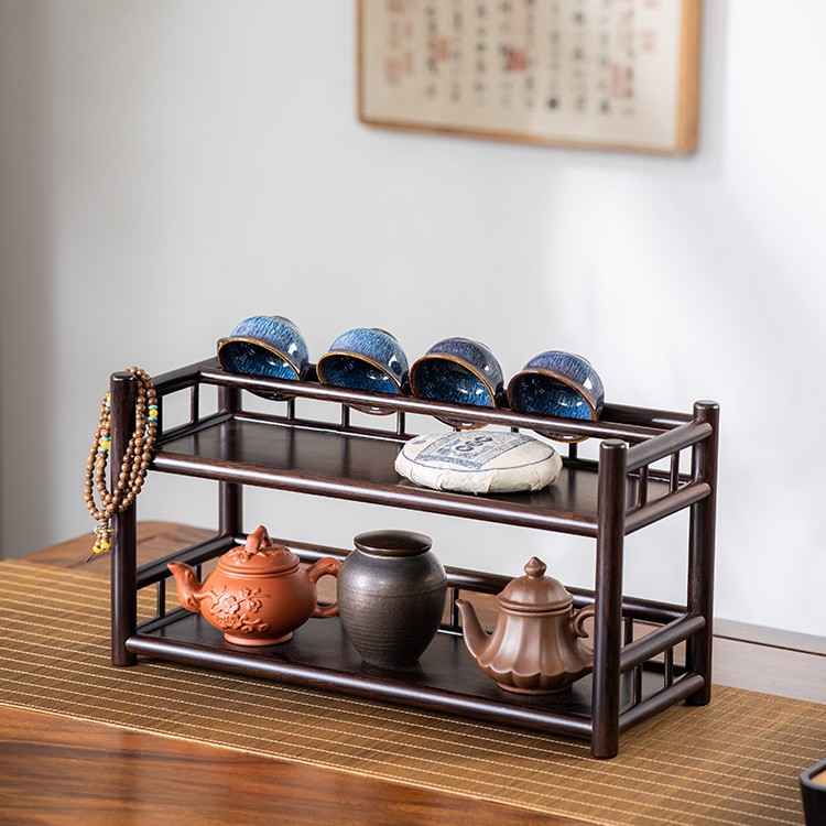 双层楠竹中式复古小博古架茶杯架沥水收纳架茶具置物架茶壶展示架