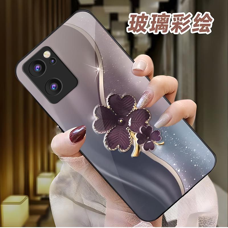OPPOReno7手机壳RENO7玻璃鎏金四叶草女款防摔简约创意全包网红时