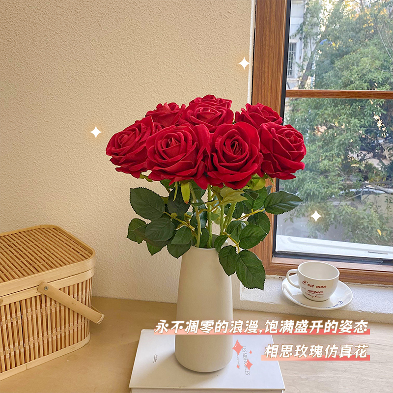 仿真花玫瑰花客厅餐桌装饰花摆件红玫瑰单支花束瀑布玫瑰拍照假花