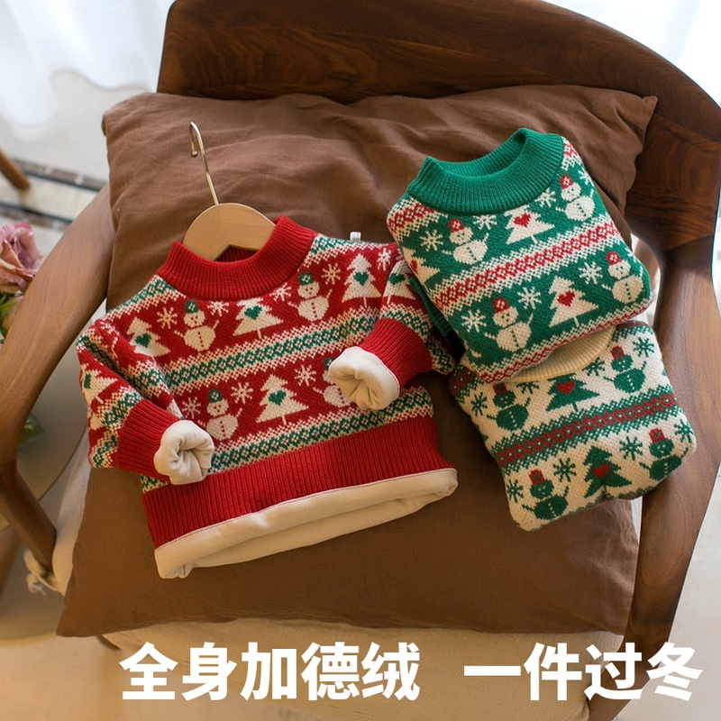 2024新款男童女童圣诞新年装毛衣加厚德绒圆领宝宝针织打