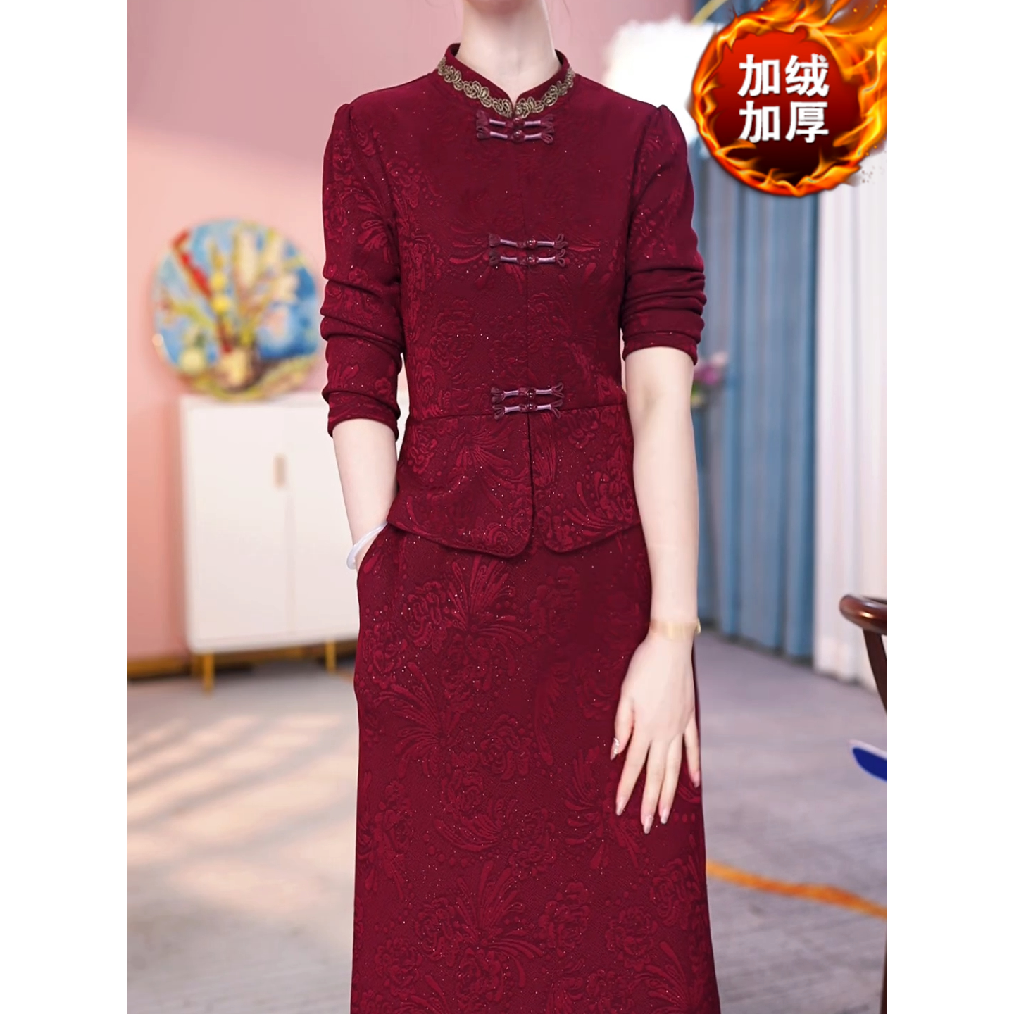 2025春秋季喜婆婆喜妈妈婚礼装时尚显瘦改良旗袍假俩件加绒连衣裙