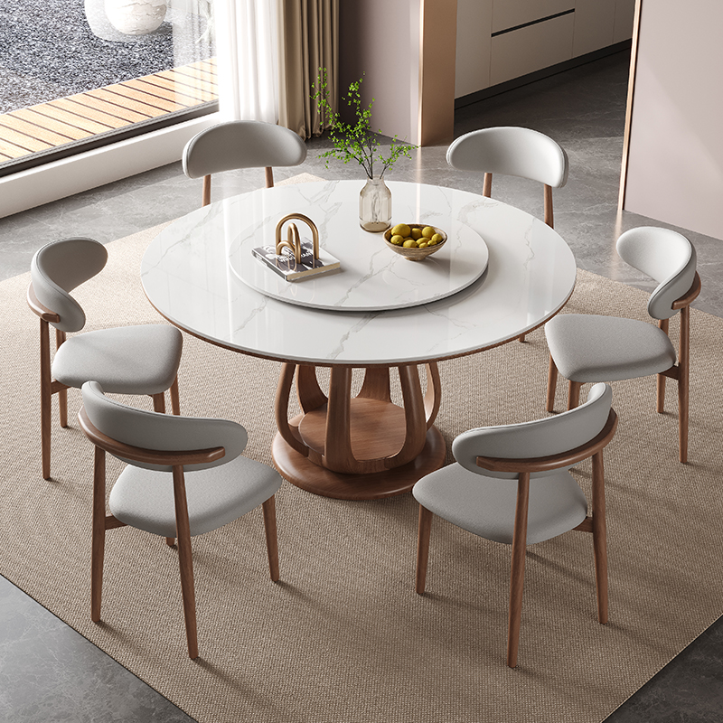 北欧实木岩板圆桌带转盘现代简约超晶石餐桌椅家用圆饭桌
