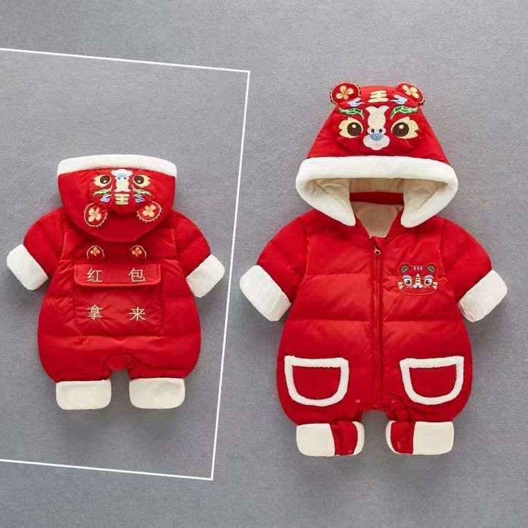 加绒加厚秋冬新款婴幼儿过年服加棉冬季连体哈衣男女宝爬服潮抱服