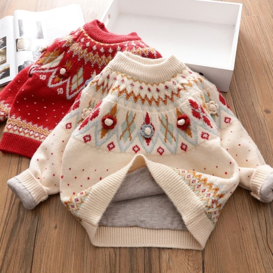 女童加绒毛衣儿童德绒自发热打底针织衫宝宝复古提花加厚冬季上衣