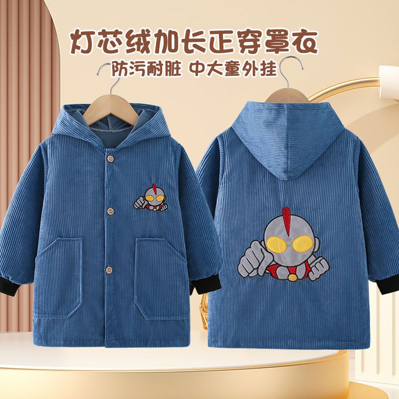 新款儿童罩衣秋冬加大长款防水防脏护衣男女宝宝羽绒服外套正穿衣