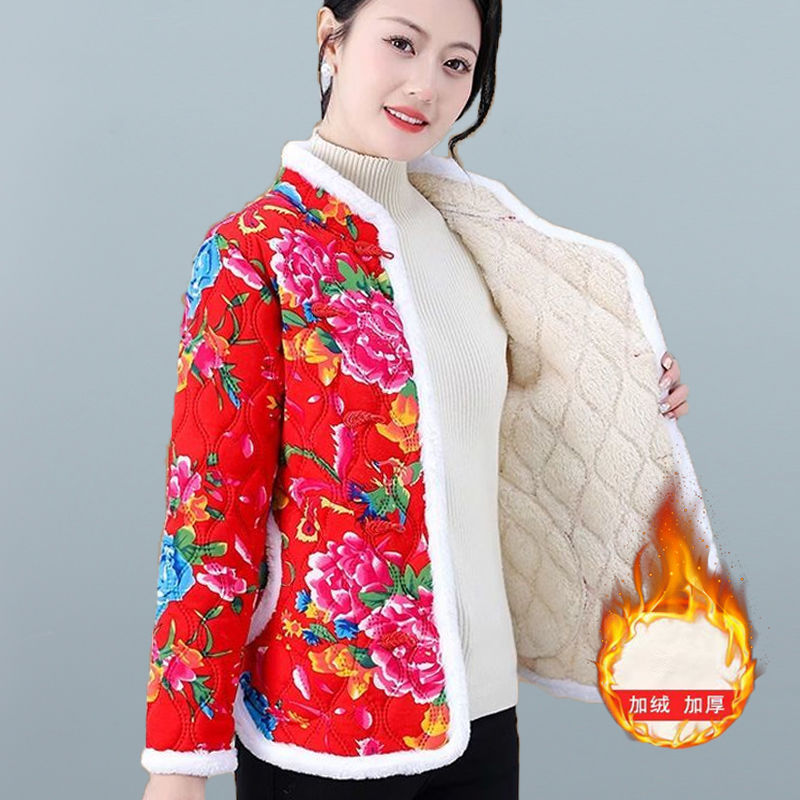 高档加绒东北大棉袄民族风棉服大码年轻妈妈装加厚花棉衣外套洋气