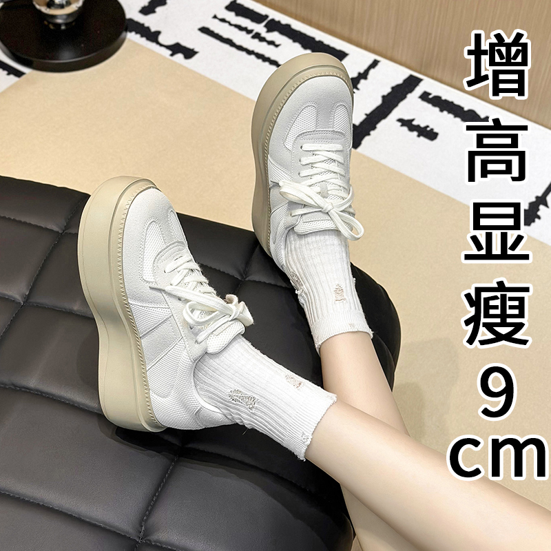 美拉德女鞋2024春季松糕厚底内增高德训鞋网面系带增高拼色休闲鞋