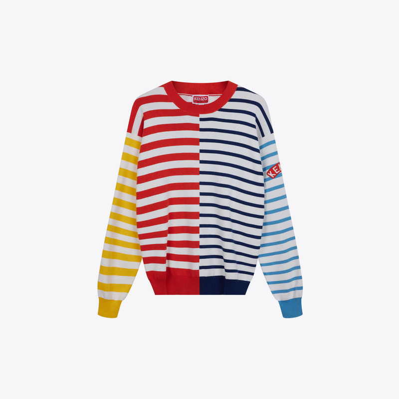 KENZO男女同款时尚撞色条纹经典廓形圆领长袖套头针织衫百搭毛衣