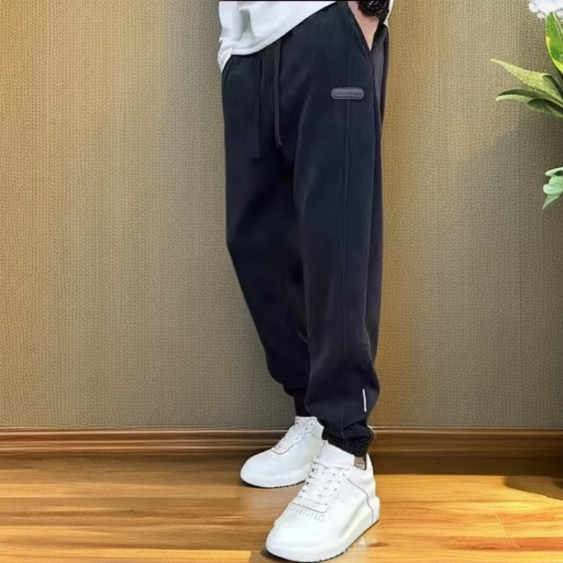 25男士冬季博澳绒高腰休闲卫裤宽松束脚时尚百搭条纹加绒加厚