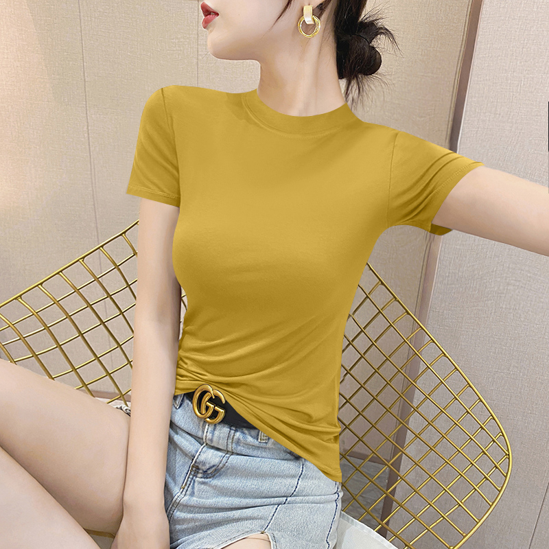 潮牌姜黄色莫代尔短袖T恤女2024新款夏季半高领冰丝修身紧身半袖