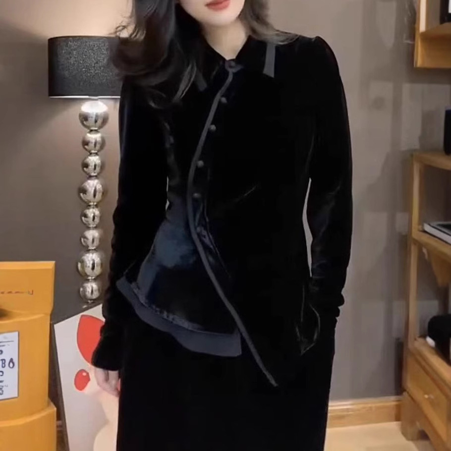 洋气设计感新中式国风改良女装小衫秋冬黑色修身显瘦百搭丝绒上衣