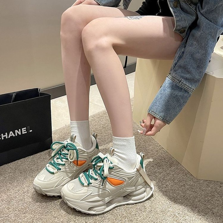 红蜻蜓牌老爹鞋女2023年新款百搭厚底网面双鞋带透气休闲运动潮鞋