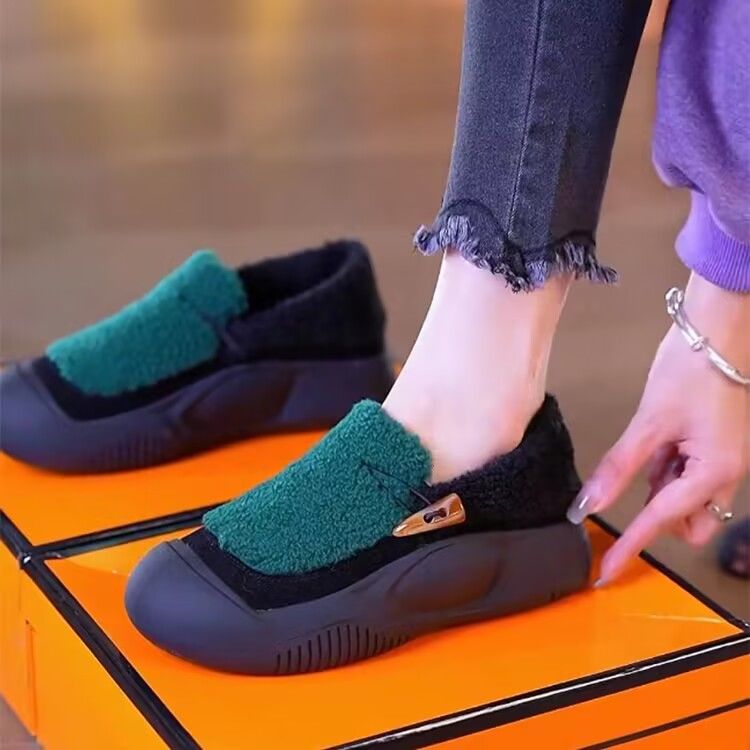 红蜻蜓牌厚底毛绒绒鞋女冬新款外穿加绒保暖棉鞋一脚蹬防滑休闲鞋