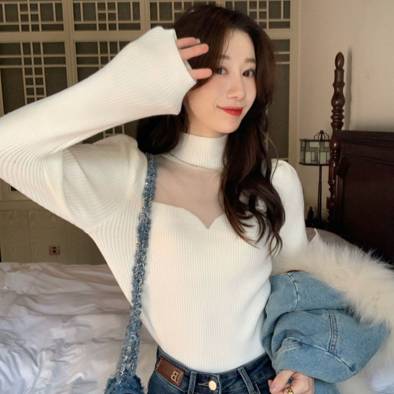 韩版秋冬网纱拼接半高领长袖打底针织毛衣女气质镂空设计修身显瘦