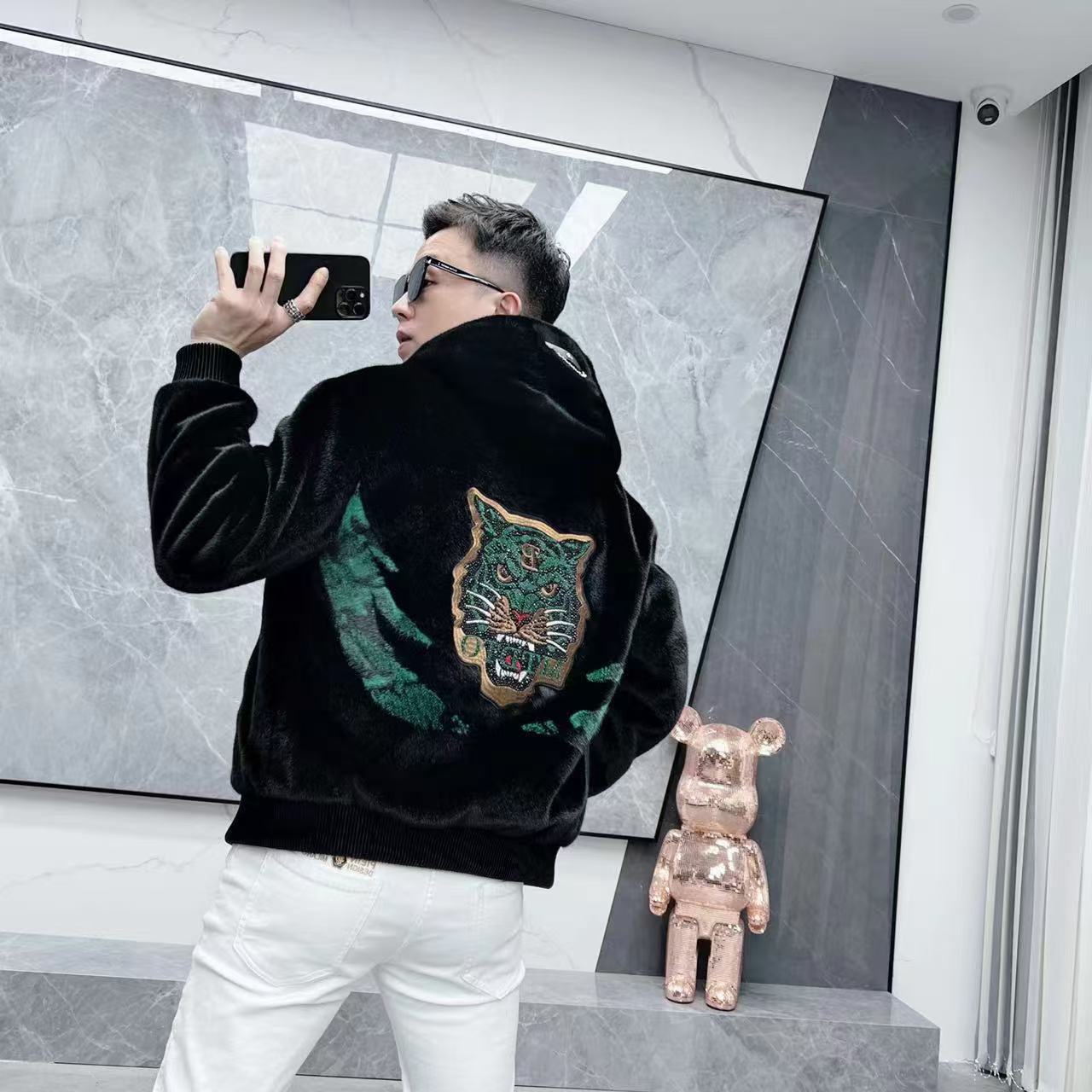 欧洲站冬季新款男士时尚潮流个性百搭重工刺绣休闲保暖连帽外套