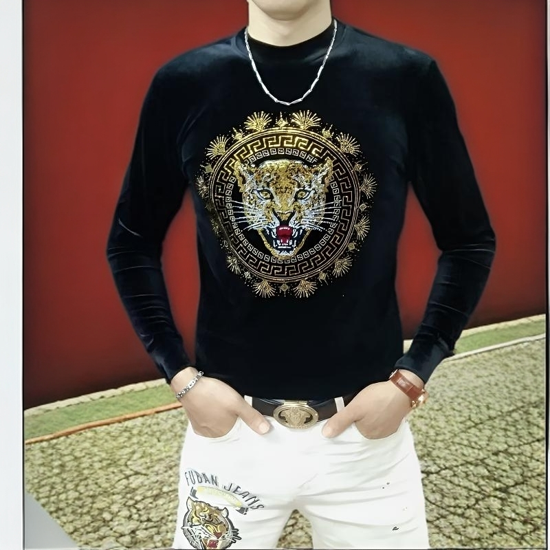 欧洲站春秋新款轻奢高品质男士休闲潮流时尚个性修身烫钻圆领t恤