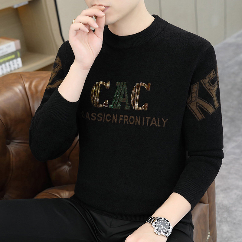 欧洲站高品质欧货字母时尚潮流修身加厚保暖男士圆领长袖针织毛衣