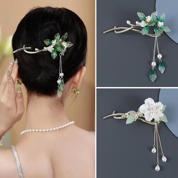 锌合金合成锆石发饰 高级感花朵发夹古风头饰流苏扭扭夹盘发发饰