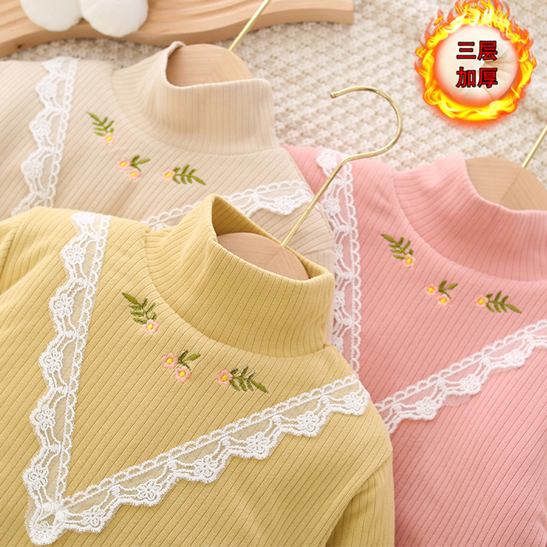 2023秋冬韩版儿童三层夹棉加绒加厚打底衫女童高领保暖洋气上衣