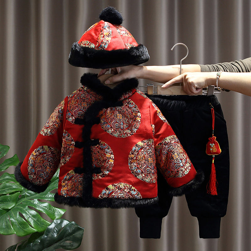 男童唐装中国风宝宝周岁礼服冬季加绒拜年服儿童汉服过年喜庆加厚