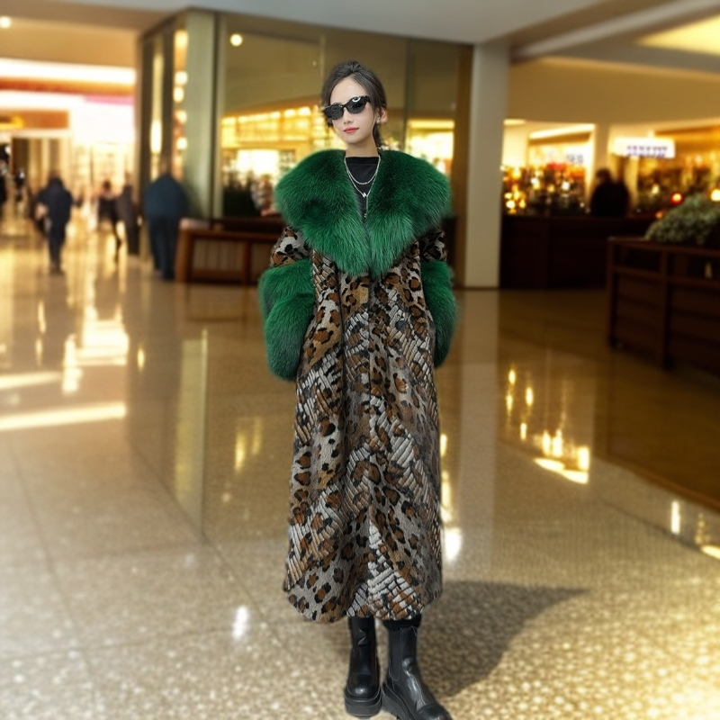 新款豹纹走秀阔版时尚气质水貂长款女士大衣外套