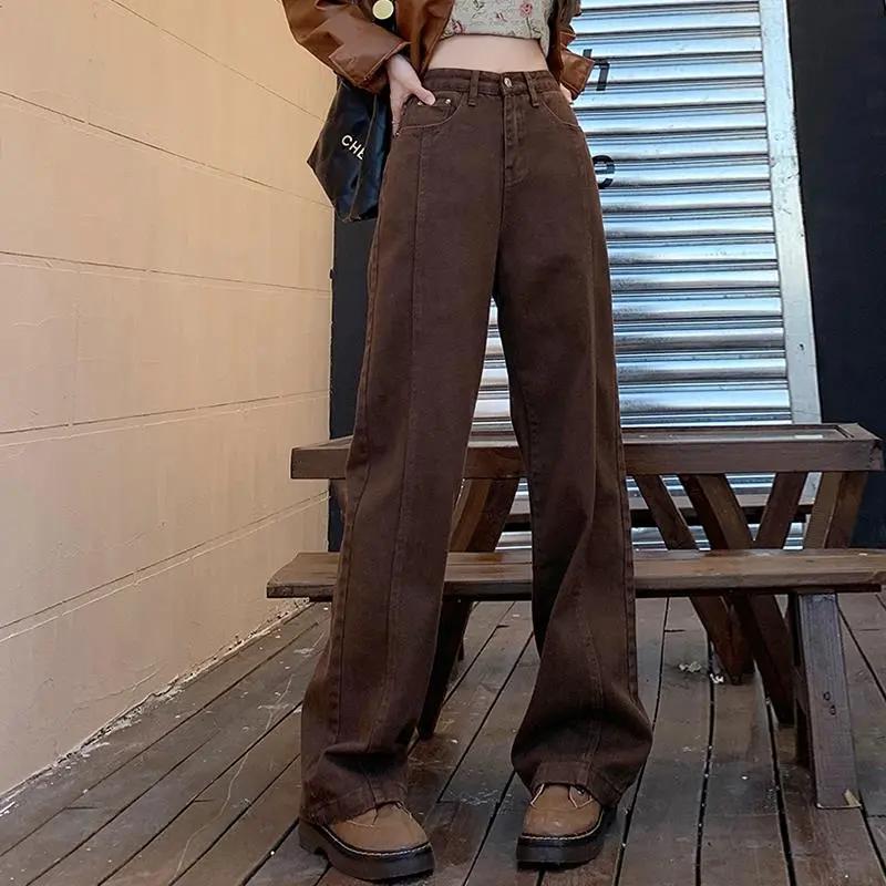 美拉德美式复古棕咖色牛仔裤女秋冬高腰阔腿窄版拖地长裤2023新款
