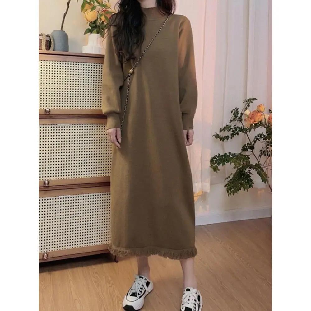 针织毛衣裙女2023新款秋冬韩版宽松半高领连衣裙流苏内搭打底新款