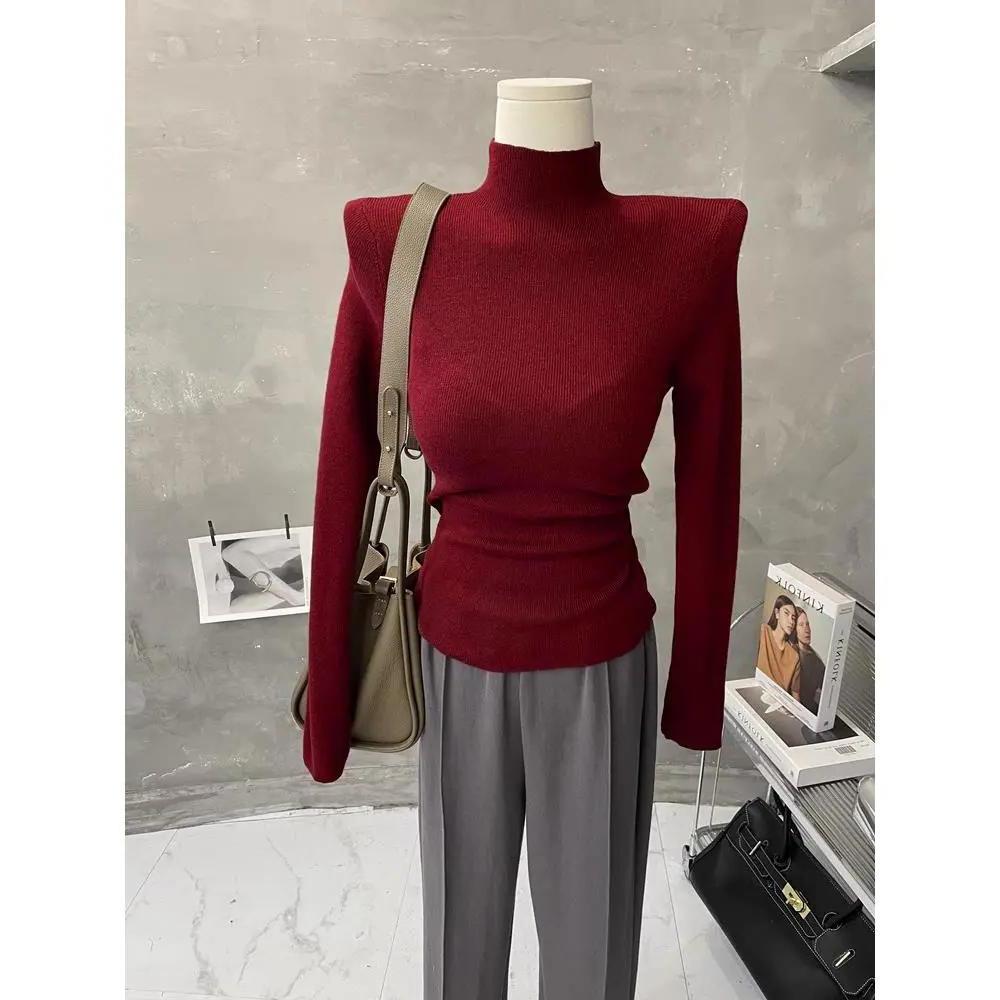 欧货半高领打底衫女春秋修身复古红毛衣洋气2023年新款羊毛针织衫