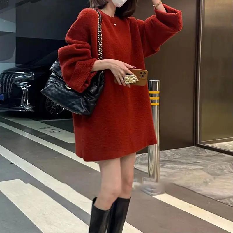 尚慵懒风高级感红色加厚套头毛衣女秋冬温柔宽松百搭中长款针织上