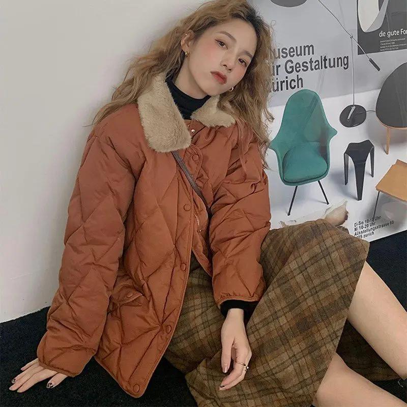 2023年秋冬宽松菱格面包服拼接毛领保暖加厚棉袄外套女设计感小众