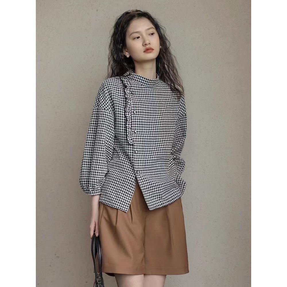 侧门襟衬衫女2023新款春季薄款九分灯笼袖维西格复古法式别致上衣