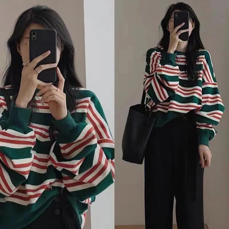 秋冬高级感两件套大码条纹卫衣女宽松气质名媛长裤胖妹妹显瘦套装