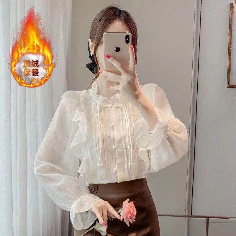 秋冬加绒新款新中式盘扣立领荷叶边喇叭长袖宽松显瘦女士衬衫上衣