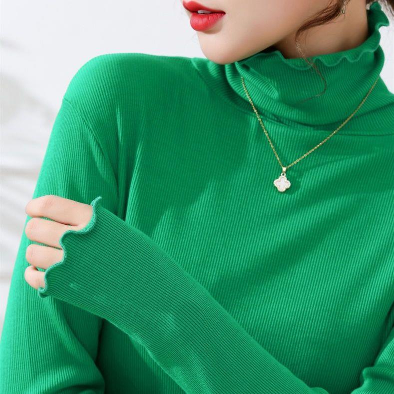 2023春上新高领长袖上衣女纯色秋款堆堆领针织衫内搭修身打底衫潮
