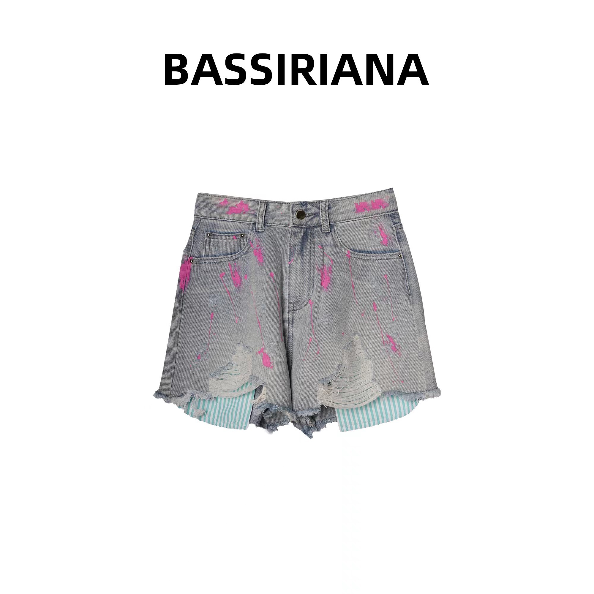 小尧【BASSINIANA】小众设计时尚皮带扣简约宽松浅蓝收腰短裤210514