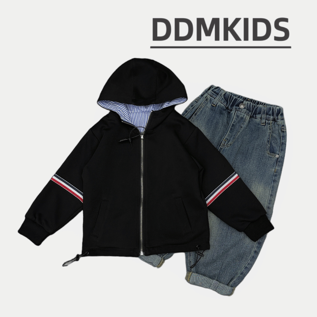 【两面穿】经典黑色蓝白条纹2023秋冬季男女儿童休闲帅气连帽外套