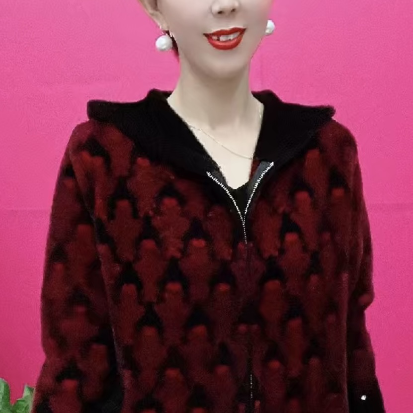 秋冬新款中老年妈妈女装仿水貂绒针织上衣洋气女装连帽拉链外套