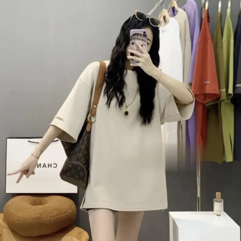 2024夏季新款欧货贴标简约净版中长款纯色宽松版T恤百搭上衣