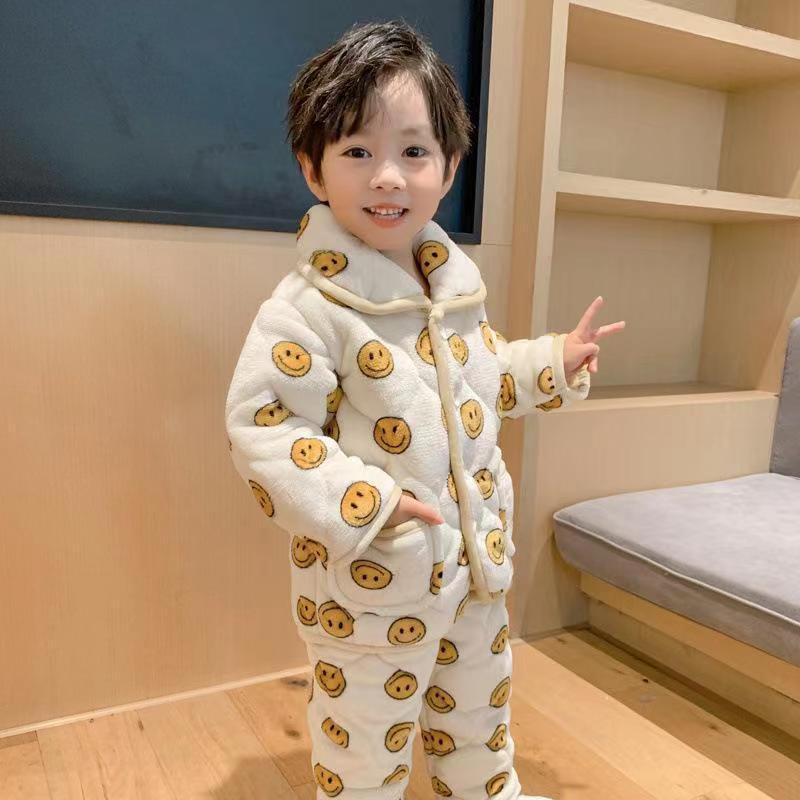 儿童睡衣加绒加厚家居服秋冬季套装3456岁保暖男童法兰绒三层夹棉