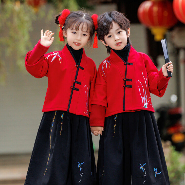 儿童园服冬季元旦表演服中国风小学生加绒汉服套装兄妹装拜年服