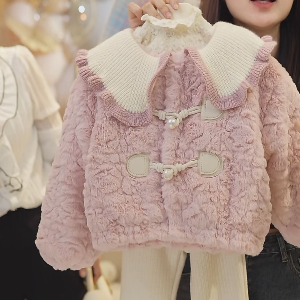女童毛绒甜美毛毛衣2023冬季新款加厚保暖洋气时髦女孩小香风外套