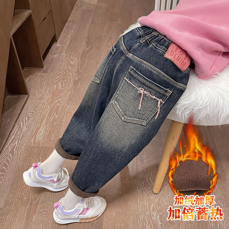 女童加绒裤子2023冬季新款美拉德儿童萝卜裤牛仔裤帅气百搭耐脏