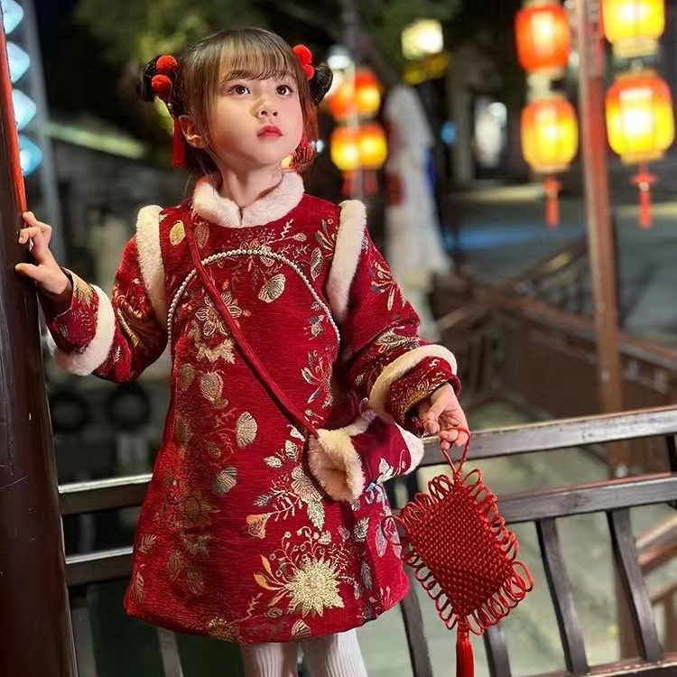 女童公主汉服复古加绒加厚中国风新年服长款儿童旗袍女宝连衣裙