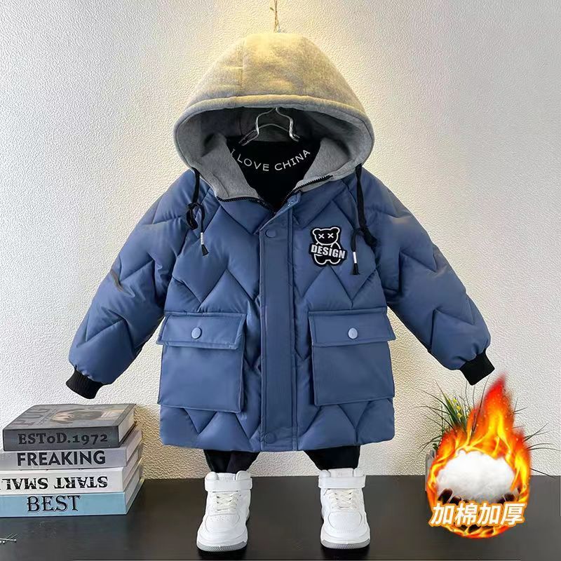 免洗男童棉服洋气冬装儿童中长款加绒加厚棉衣男宝冬季棉
