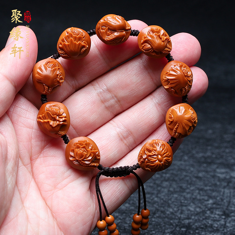 橄榄核手串 小籽鲤鱼戏莲花核雕橄榄胡手串苏工手工雕刻手链男女