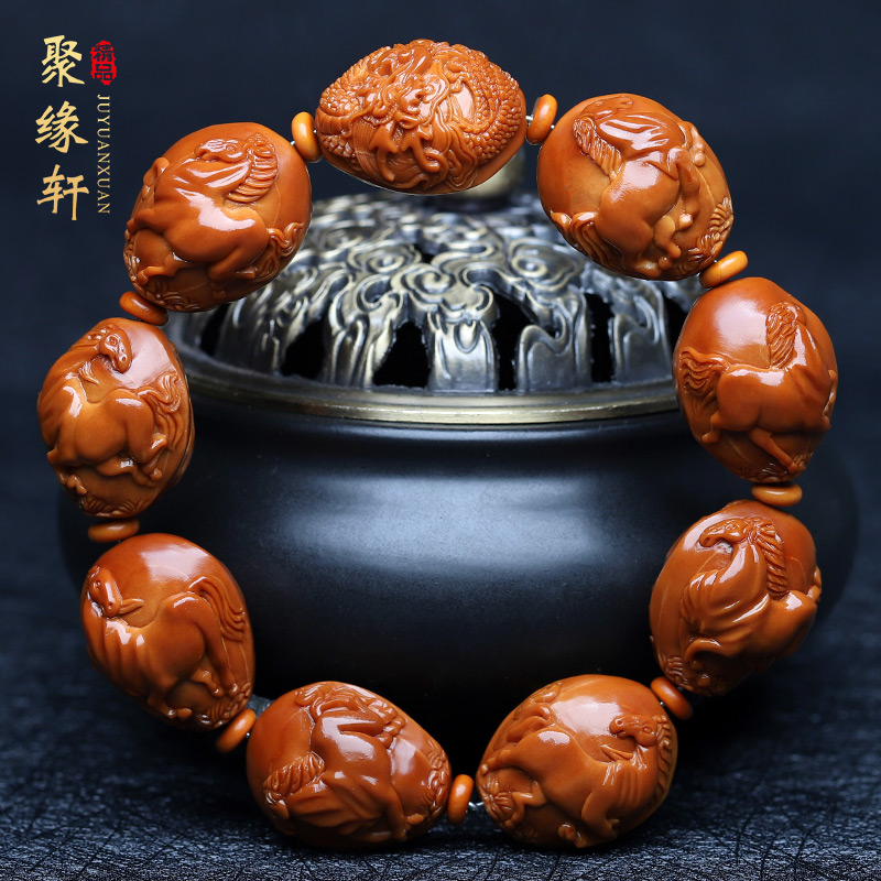 橄榄核手串浮雕手工雕刻龙马精神核雕文玩 八骏图橄榄胡手把件男