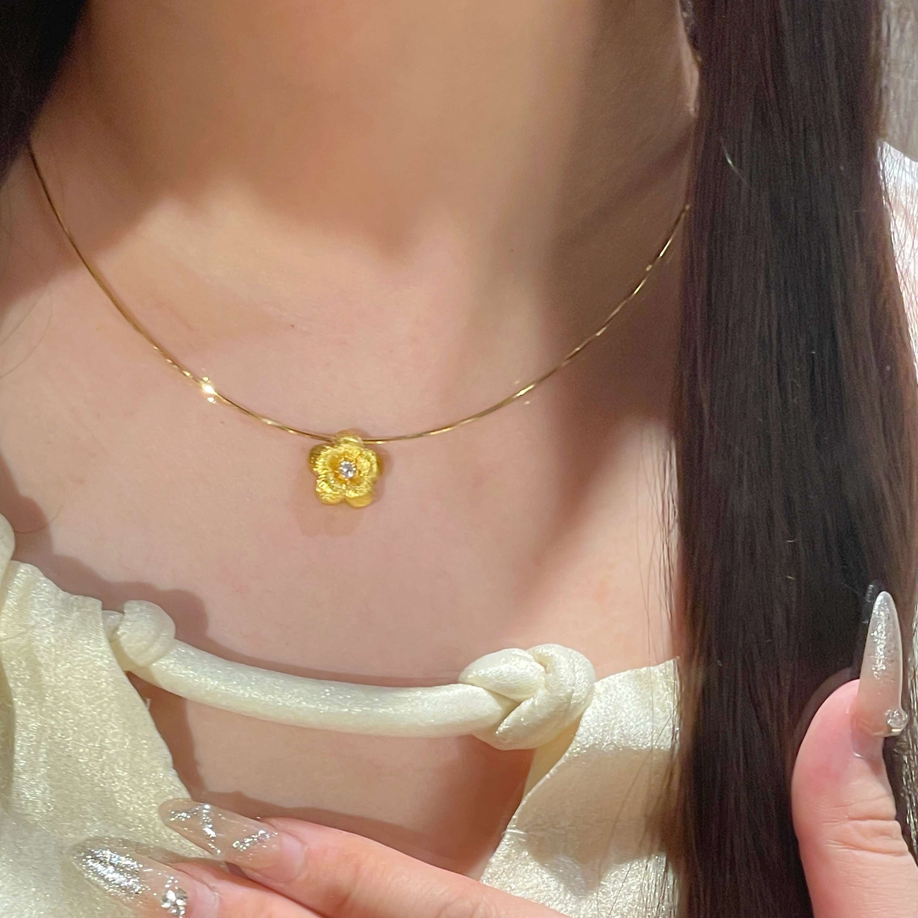 铜合金项链 古法实心拉丝丝绒小花点钻项链项圈【达人专属】